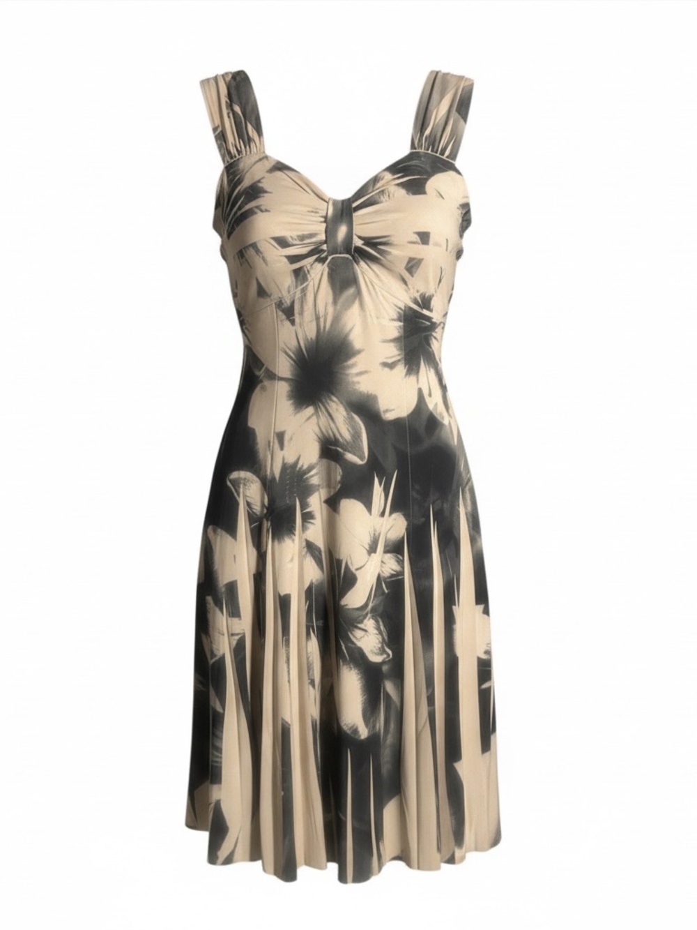 Sweetheart Neckline Floral Midi Dress in Beige and Black, Knit Stretch, Pleats